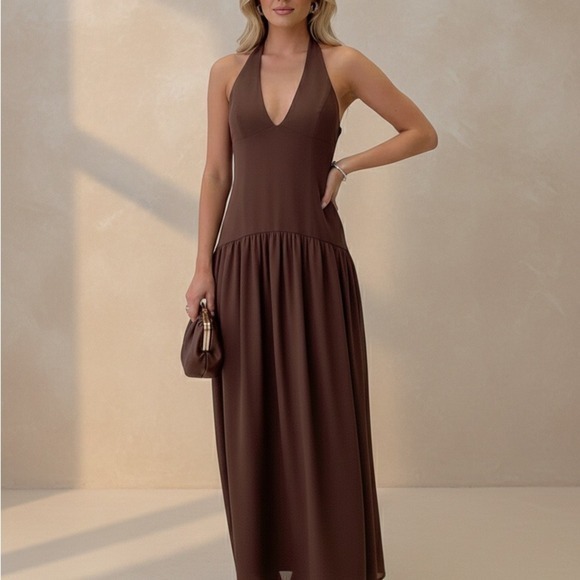 Princess Polly Chestnut Brown Halter Maxi Deep V-Neck Drop Waist Formal Gown 10